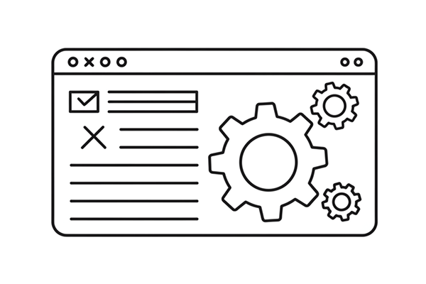 パソコンモニターに、テキストと歯車がいくつか映し出されている