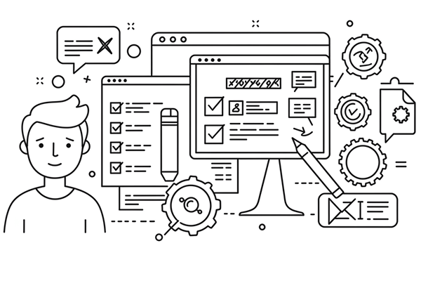 人と複数のパソコンモニター、歯車が並んでいる